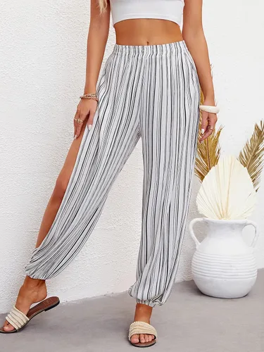 Vista 2 de Yanekop Pantalones hippie harén para mujer ropa de yoga bohemia cintura fruncida pantalones de playa palazzo