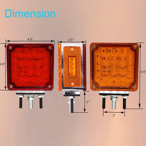 Vista 6 de 2 luces de guardabarros con pedestal de doble cara ámbar/roja con montaje de perno, 52 luces LED cuadradas para semirremolques, Peterbilt Kenworth