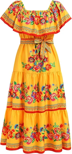 Vista 2 de Vestido mexicano para mujer, estampado floral, tradicional, étnico, hombros descubiertos, playa, vacaciones, fiesta, vestidos largos