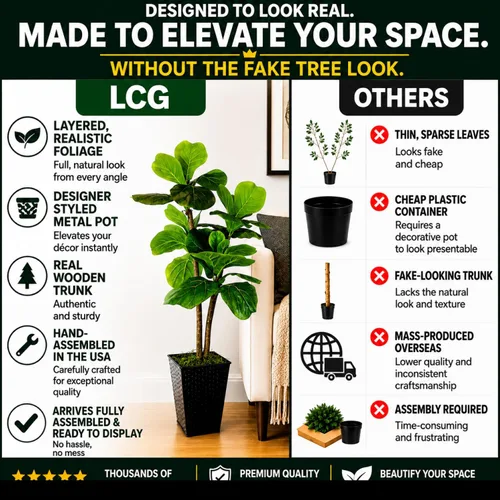 Vista 3 de LCG Florals - Árbol artificial de higuera de hoja de violín de 3.2 pies - Tronco de madera real, preensamblado, sin mantenimiento, planta artificial