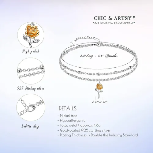 Vista 126 de CHIC & ARTSY Tobilleras delicadas de plata de ley S925 para verano, pulsera de tobillo ajustable multicapa para playa, joyería de pie para mujer