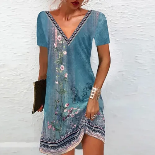 Vista 2 de Mini vestido de verano con estampado floral bohemio para mujer, cuello en V, vintage, acampanado, vestido de playa con hombros descubiertos y manga