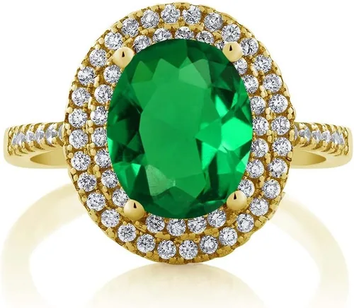 Vista 3 de Gem Stone King Anillo de esmeralda simulada de plata chapada en oro amarillo de 18 quilates para mujer
