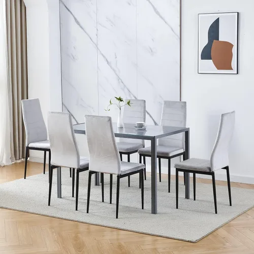 Vista 13 de Juego de 4 mesas de comedor y sillas negras modernas de 5 piezas para cocina pequeña, mesa rectangular de vidrio templado y 4 sillas de terciopelo
