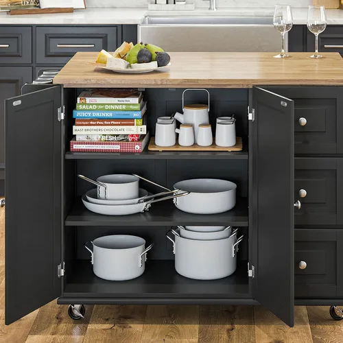Vista 9 de Homestyles Dolly Madison Carrito de Isla de Cocina Móvil Negro con Barra de Desayuno de Hoja Plegable de Madera