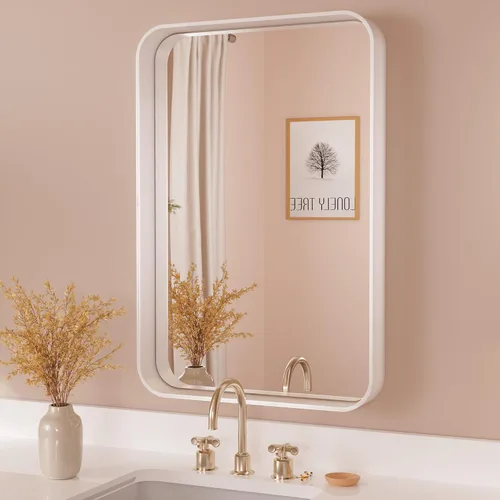 Vista 107 de Espejo de marco dorado cepillado de 16 x 24 pulgadas, espejo de tocador de baño de latón dorado para pared, espejo enmarcado rectangular de esquina