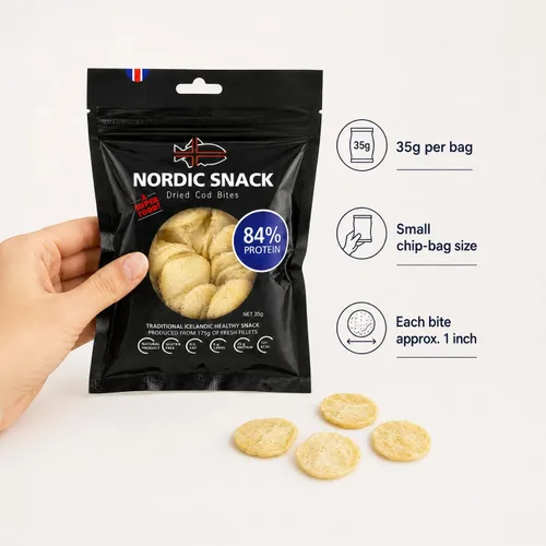 Vista 4 de Bocadillos de bacalao liofilizados (Hardfiskur) pescado capturado silvestre Snack nórdico saludable con alto contenido de proteínas