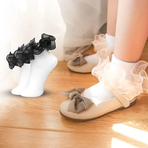 Vista 3 de 2 pares de calcetines con volantes de encaje doble para niñas, calcetines de encaje blanco princesa para niñas pequeñas