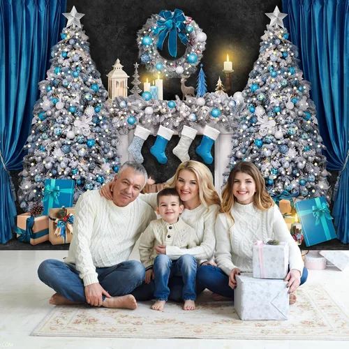 Vista 6 de Avezano Telón de fondo para chimenea de Navidad, cajas de regalo de juguetes, fondo de árbol de Navidad para fotografía, vintage, azul y blanco
