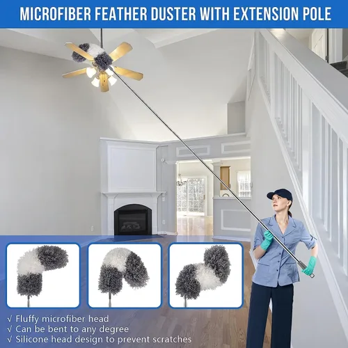 Vista 2 de Plumeros para limpieza, 6 piezas de limpiador de polvo de microfibra con poste de extensión de 30 a 100 pulgadas, kit de plumero de mango largo
