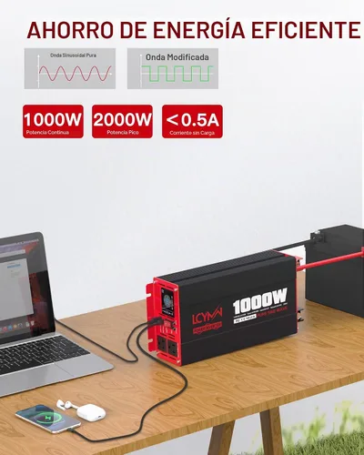 Vista 3 de Inversor de potencia de onda sinusoidal pura de 1000 vatios 12 V CC a 110 V 120 V CA convertidor para hogar, caravana, camión fuera de la red Rojo