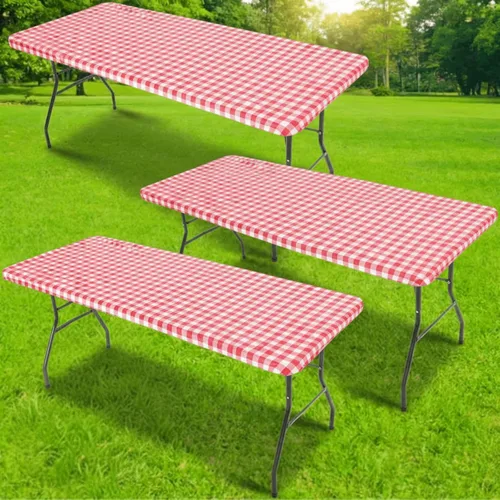 Vista 7 de Mantel rectangular de plástico para mesa de pícnic, 3 piezas, de 30 x 72 pulgadas, vinilo impermeable con parte trasera de franela con borde