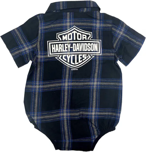 Vista 2 de Harley-Davidson Bebé Niño Cepillado Recién Nacido Plaid Camisa Creeper - NegroAzul