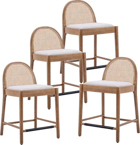 Vista 30 de HEAH-YO Taburetes de bar de ratán, juego de 2, taburetes de barra de 26 pulgadas de altura de mostrador con respaldos de ratán y patas de madera