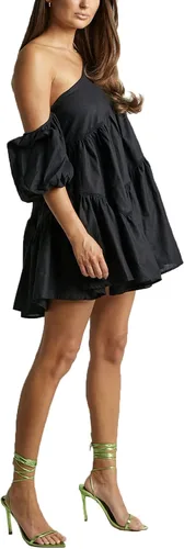 Vista 2 de Vestido corto de manga abombada para mujer, con un hombro descubierto, dobladillo fruncido con volantes, ribete asimétrico, vestido casual bohemio