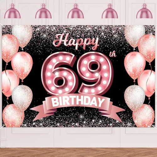 Vista 209 de Cartel de feliz cumpleaños décimo oro rosa, telón de fondo, saludos a 10 años, globos de confeti, decoración temática para niñas de 10 años