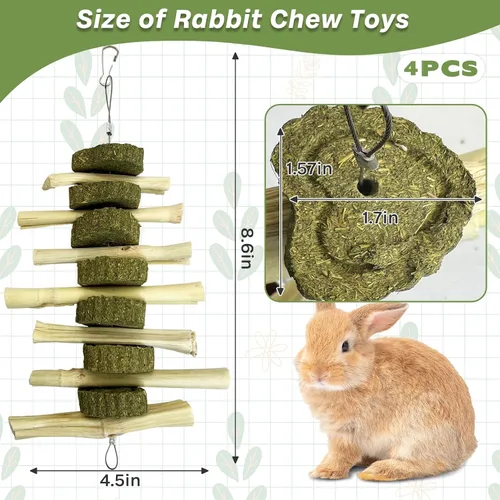 Vista 7 de kathson Juguetes masticables de conejo para rechinar dientes, palitos de bambú orgánico natural, juguetes de enriquecimiento para animales pequeños
