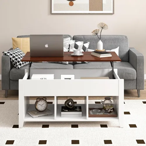 Vista 4 de Tangkula Mesa de centro de madera con tapa elevable, almacenamiento de té moderno con compartimento oculto y estante de almacenamiento abierto
