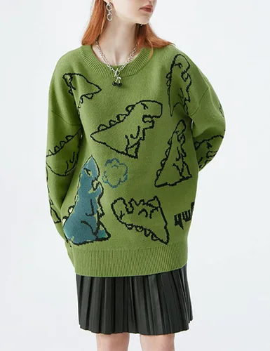 Vista 2 de Rxozrxoz Suéter de punto de dinosaurio para mujer, lindo suéter kawaii vintage, casual, holgado, suéter sin botones