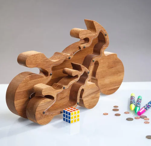Vista 7 de Hucha de madera para motocicleta, bicicleta de madera Montessori, para adultos, niños, niñas, banco de monedas, regalo inspirador, caja de dinero