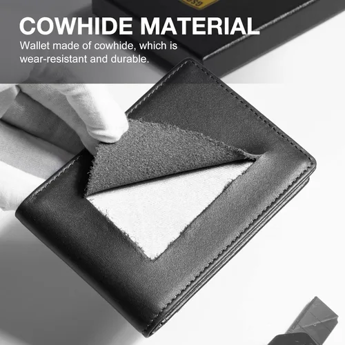 Vista 6 de GSOIAX Billetera delgada para hombre minimalista de cuero genuino fibra de carbono con bloqueo RFID de cuero vacuno plegable con caja de regalo