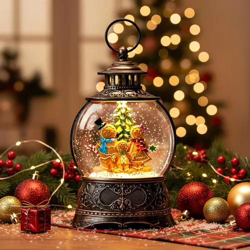 Vista 8 de Linterna de globo de nieve de Navidad con agua con escena de jengibre, funciona con batería o USB, luz musical iluminada, decoración festiva