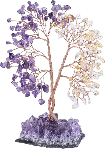 Vista 8 de Árbol de cristal doble curativo con base de amatista natural, bonsái de dinero de Feng Shui con energía positiva, decoración del hogar para riqueza