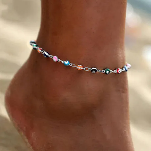 Vista 2 de Tobillera de ojo malvado de plata con cuentas de mal de ojo, joyería de pie de moda para la playa para mujer, Plata