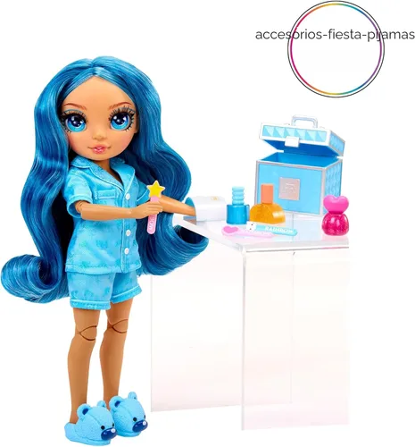 Vista 5 de Rainbow High Jr High PJ Party - Skyler, Muñeca de moda posable azul de 9" con enterizo suave, pantuflas, accesorios de juego divertidos, gran