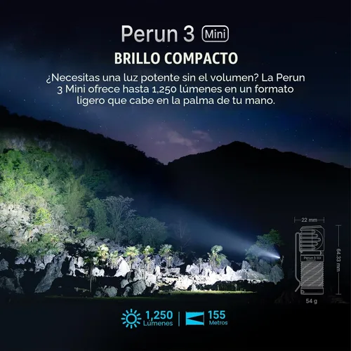 Vista 2 de OLIGHT Perun 3 mini linterna frontal LED de 1250 lúmenes, linterna frontal recargable con opción de luz roja, perfecta para trabajar, senderismo