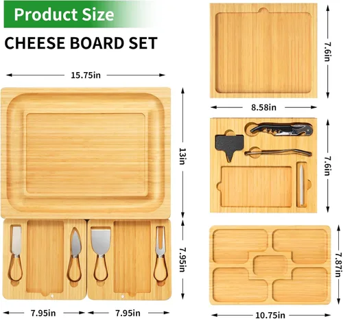 Vista 4 de Juego de tablas grandes de charcutería como regalo – Juego de tabla de queso y cuchillo con bandeja de queso extra, tabla de charcutería de bambú