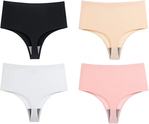 Vista 4 de linsgbpo Tanga de cintura alta para mujer ropa interior suave con forro de algodón paquete de 4