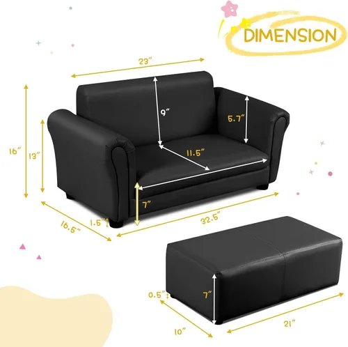Vista 3 de INFANS Sofá infantil de 2 asientos con reposapiés, construcción de madera resistente, sillón con reposabrazos para niños en edad preescolar, sofá