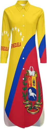 Vista 6 de Vestidos tipo camisa con la bandera de Venezuela para mujer, largo hasta la rodilla, vestido largo con cuello en V, blusa de manga larga