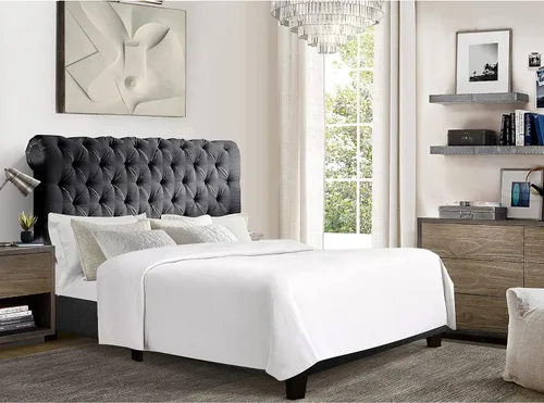 Vista 12 de Rosevera Atherine - Marco de cama tapizado de tela con cabecera ajustable, estilo Chesterfield, cabeza enrollada, soporte de listones de madera