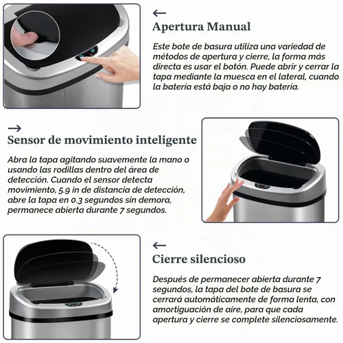 Vista 5 de Basurero de acero inoxidable automático sin tacto, con tapa para cocina, sala de estar, oficina, baño, sensor de movimiento electrónico sin contacto