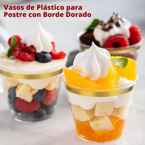 Vista 4 de Jinei - Juego de 50 tazas de postre de plástico dorado de 9 onzas con tapas