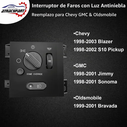 Vista 3 de Interruptor de faros delanteros compatible con Chevy Blazer S10 GMC Jimmy Sonoma y Bravada 1998-2003 Interruptor de atenuación de faro con luz