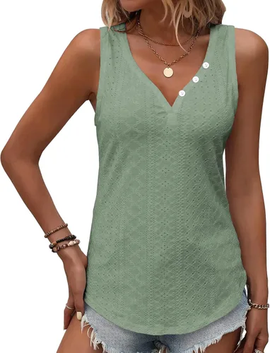 Vista 4 de KILISU Camisetas sin mangas para mujer, con bordado, con ojales, holgadas, color sólido, blusas elegantes