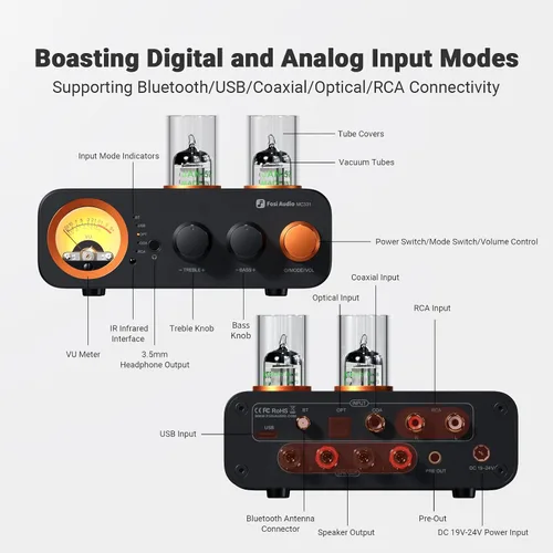 Vista 6 de Fosi Audio MC331 Amplificador integrado con tubo y DAC, amplificador de potencia estéreo de 2 canales para audio doméstico para altavoces