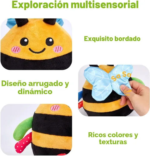Vista 4 de hahaland - Juguete de abeja que rebota para el tiempo boca abajo, para 6 meses, juguete musical de abeja de peluche para bebés de 7, 8, 9, 10, 11