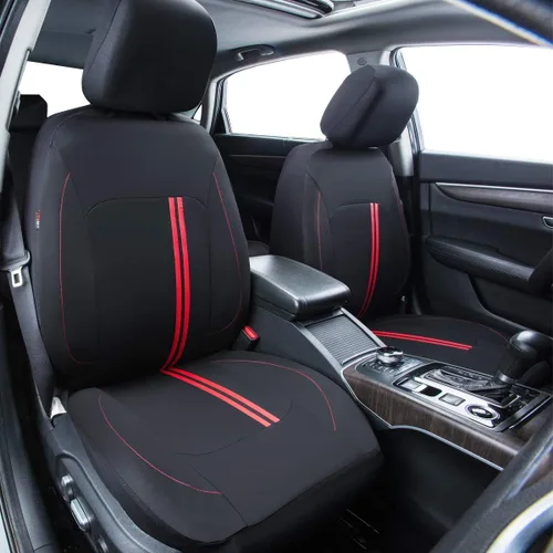 Vista 4 de CAR PASS Juego Universal de Fundas Deportivas para Asientos de Coche, Fundas de Asiento de Tela Transpirable y Cómodas, Juego Completo con Negro rojo