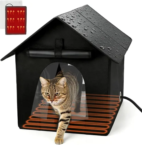 Vista 11 de FHTONGE Casa elevada para gatos con calefacción para gatos al aire libre en invierno, resistente a la intemperie, refugio para gatos con 2