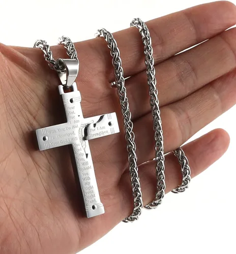 Vista 2 de Hzman -Collar con pendiente para rezo de crucifijo de Jesucristo, de acero inoxidable, para hombres