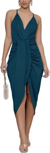 Vista 4 de LYANER - Vestido por debajo de la rodilla, tipo bodycon, con tirantes delgados, sin mangas, con cuello en V, fruncido y dobladillo con abertura