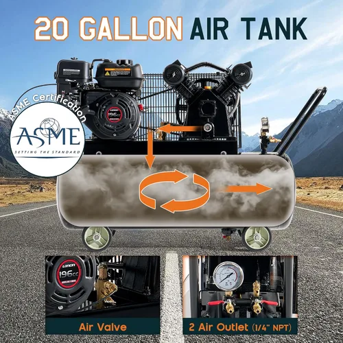 Vista 4 de Compresor de aire de gas Albott 6.5HP, tanque horizontal portátil de 20 galones 196cc Loncin Engine Max 115 PSI Presión Portátil Rueda Diseño