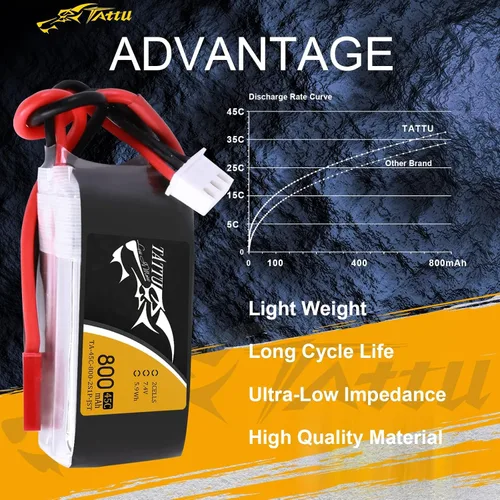 Vista 4 de TATTU Paquete de batería LiPo de 800mAh 7.4V 45C 2S1P con enchufe JST-SYP (2 piezas)