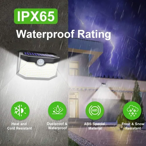 Vista 5 de HMCITY 120 luces solares LED para exteriores con sensor de movimiento y 3 modos de iluminación, IP65 impermeables, luces solares de pared anchas