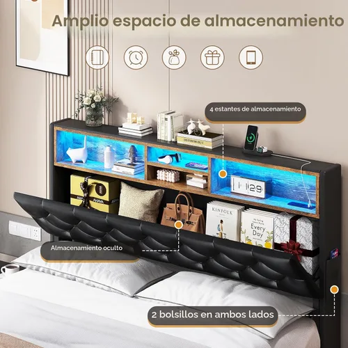 Vista 4 de HAUOMS - Base de cama Queen con cabecero y 4 cajones, tapizado de poliuretano negro Pu Negro
