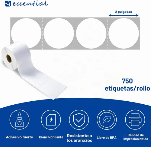 Vista 2 de ESSENTIAL - Etiquetas adhesivas térmicas directas circulares de 2 pulgadas, autoadhesivas, redondas Etiqueta de envío blanca, compatible
